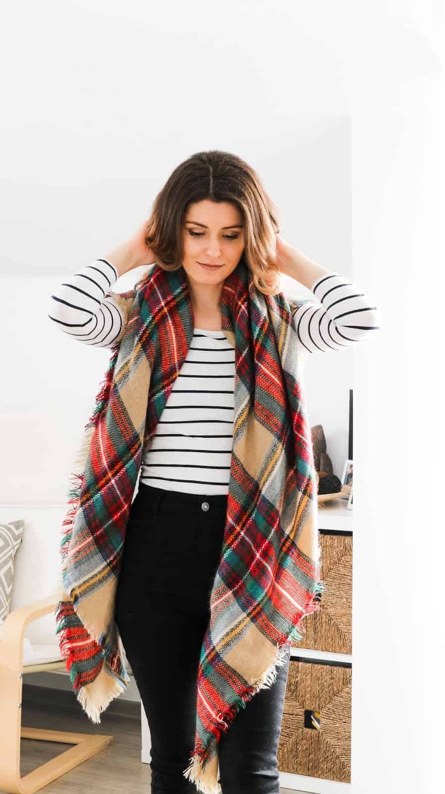 blanket scarf and stripes outfit for autumn winter style