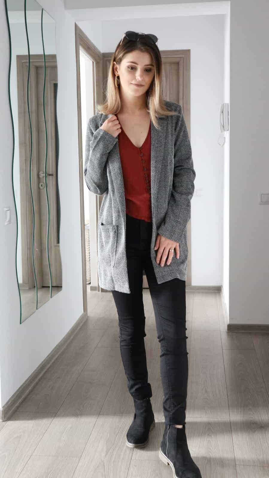 textured blazer and rust autumn blouse to style black jeans outfits