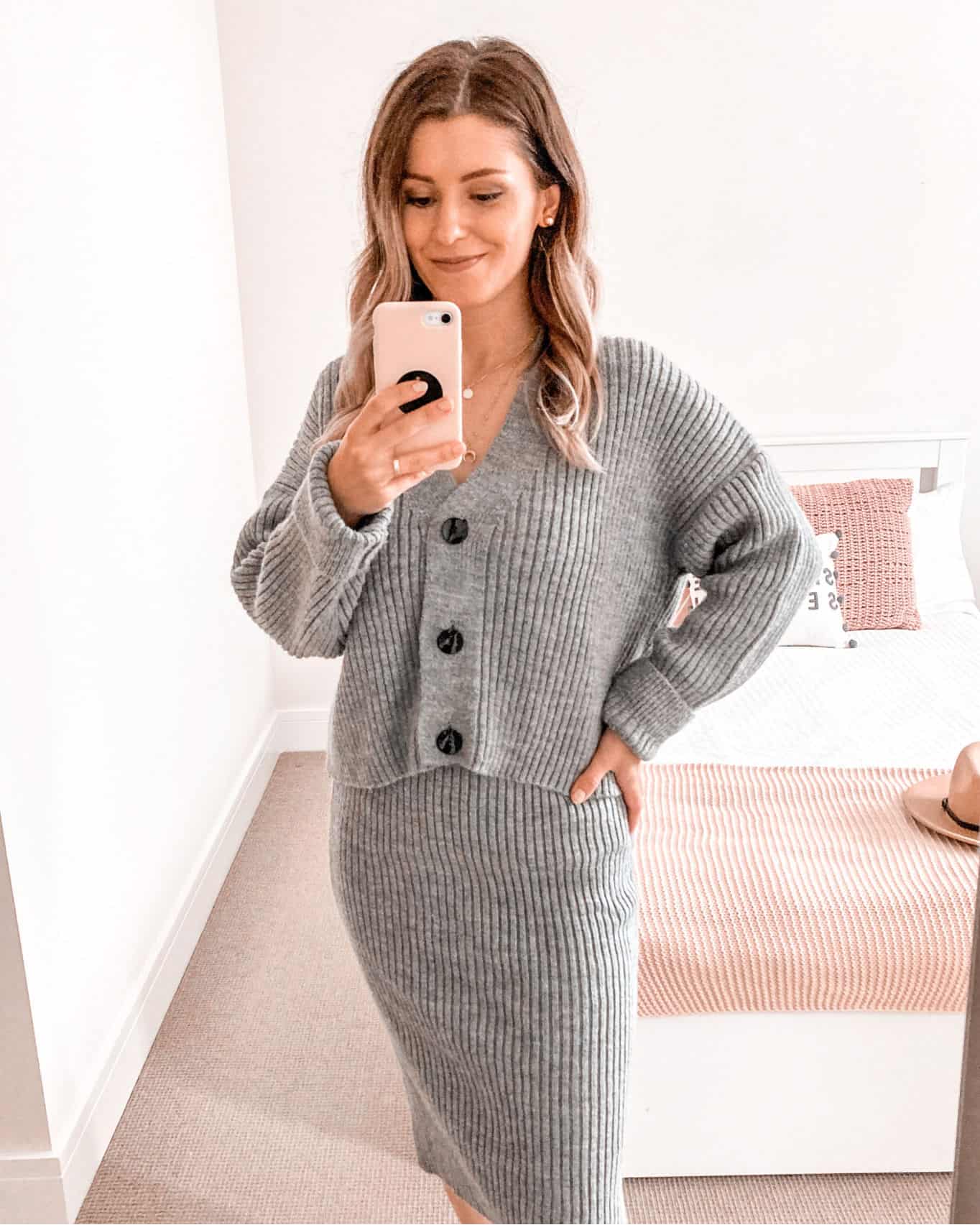 Grey knit co-ord with skirt and cardigan fall outfit